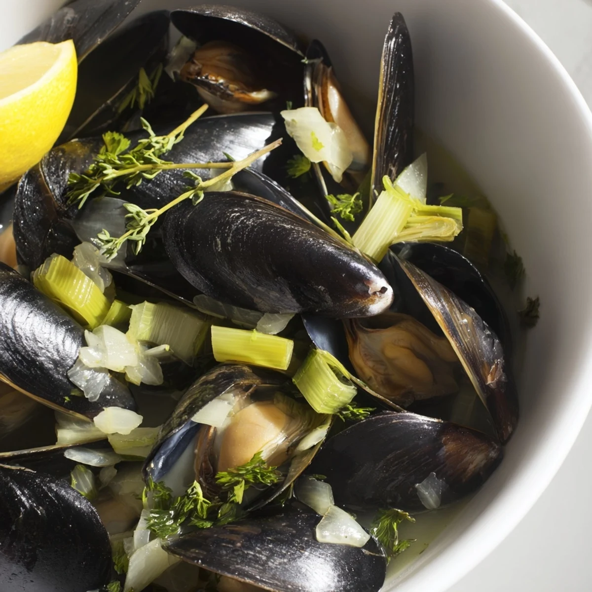 Steamy photo of Belgian Moules Marinière, showing tender mussels in flavorful white wine broth.