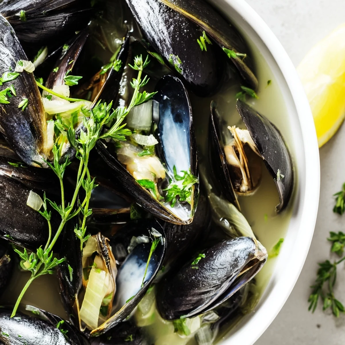 A close-up of delicious Belgian Moules Marinière, ready to be enjoyed with crusty bread and lemon wedges.