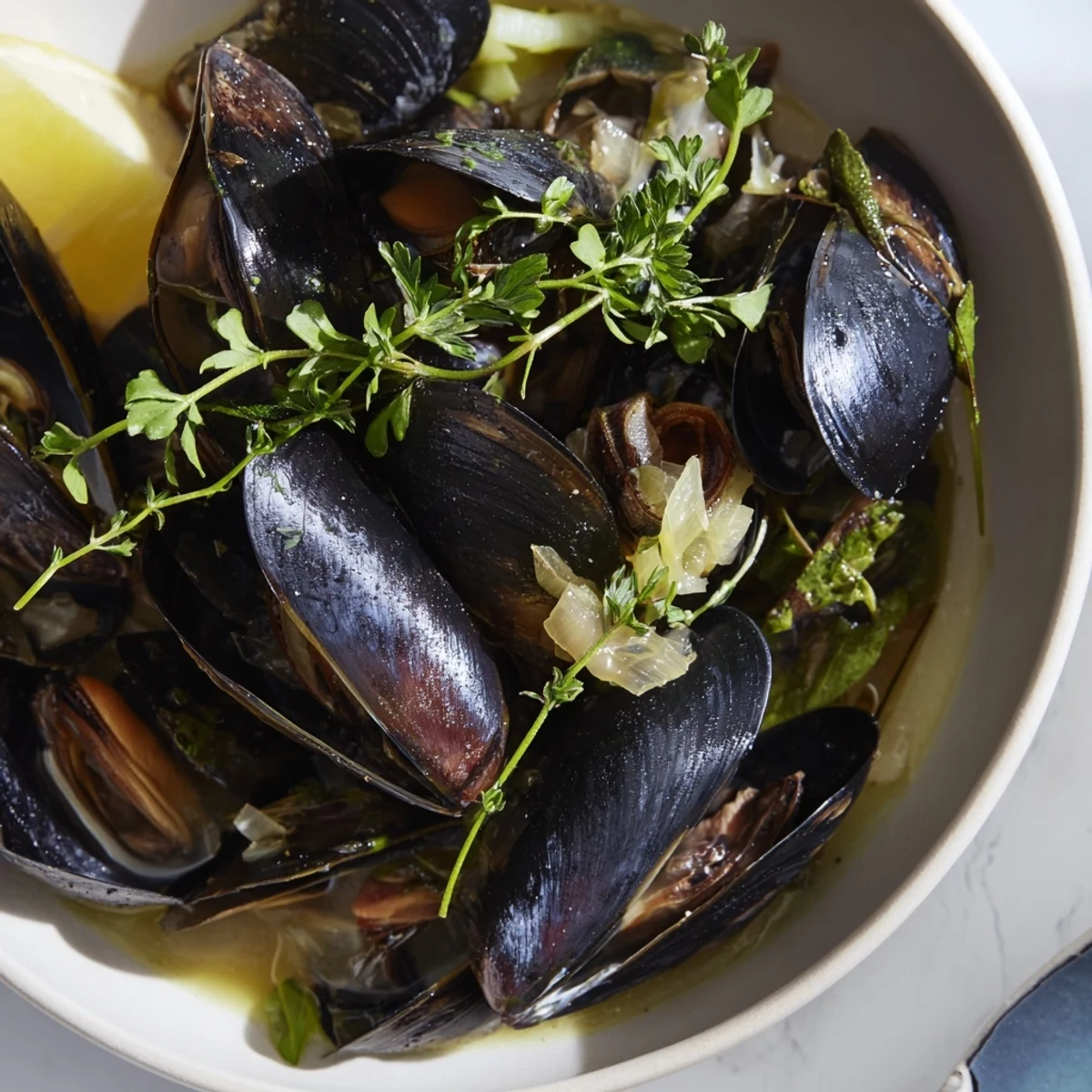 Fresh, aromatic Belgian Moules Marinière: a hearty pot of mussels in savory wine broth, perfect for sharing.