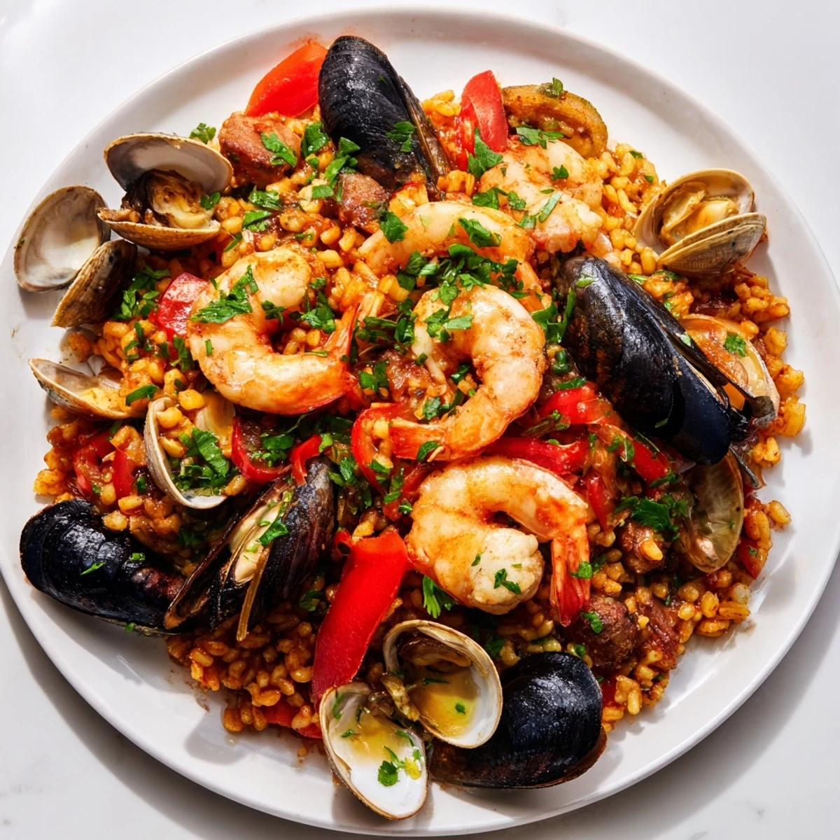 Golden saffron-infused rice with plump shellfish, a delicious Spanish Seafood Paella, sizzling in a pan.