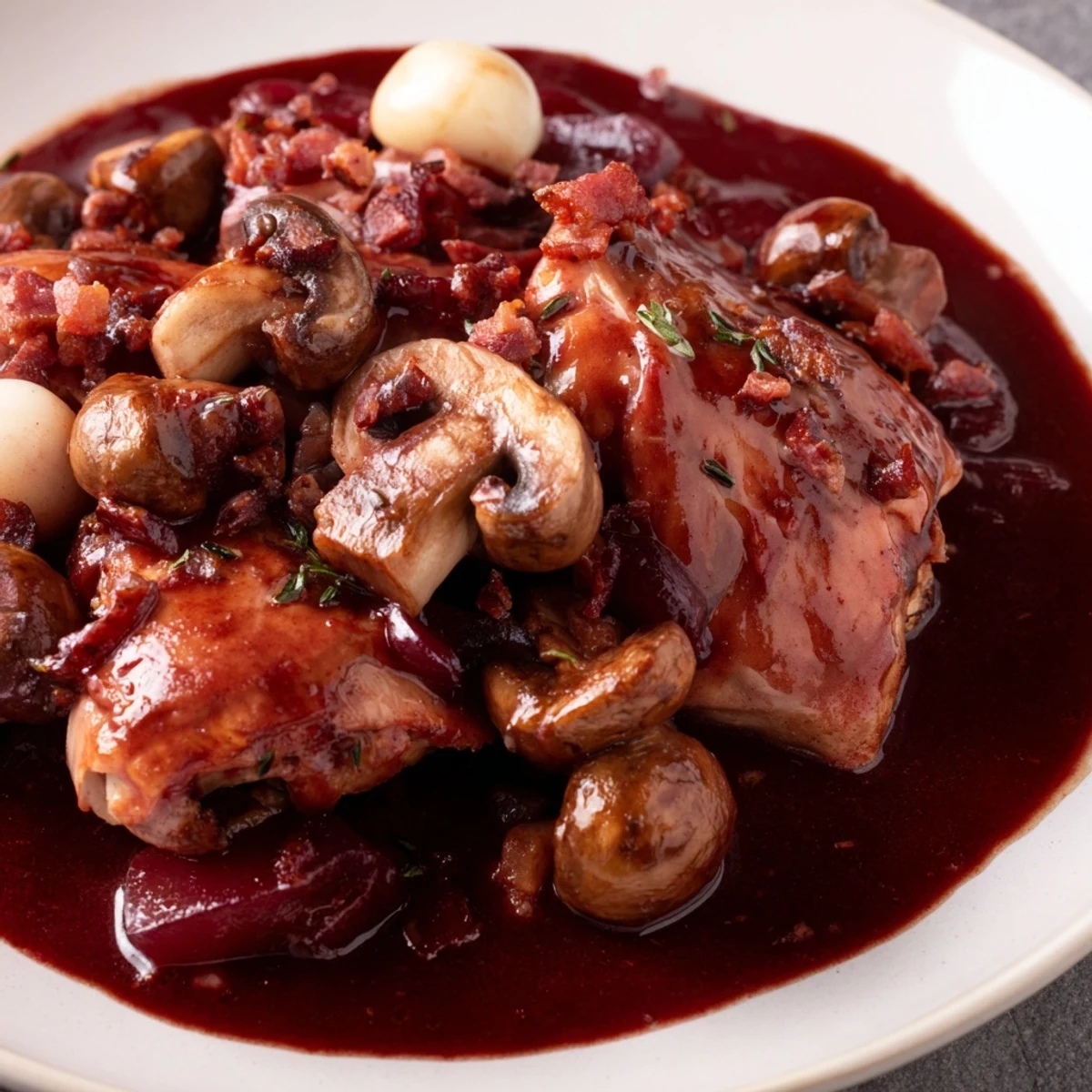 Tender Coq au Vin, a hearty French stew featuring chicken in rich, red wine sauce.