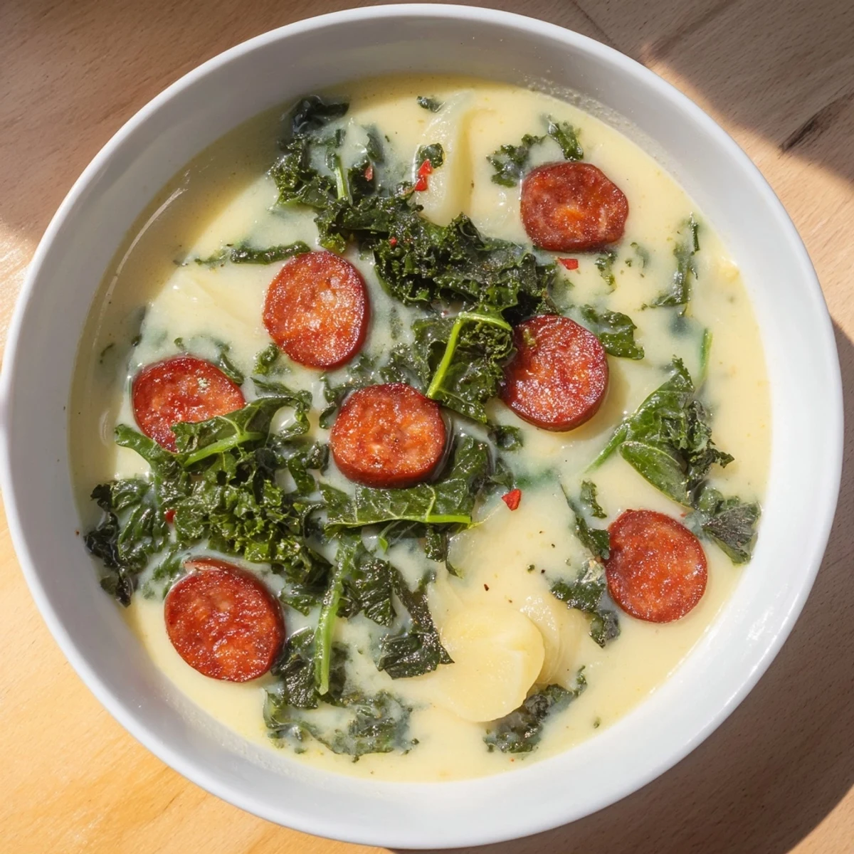 A steaming bowl of Portuguese Caldo Verde, showcasing the vibrant green kale and savory chorizo.