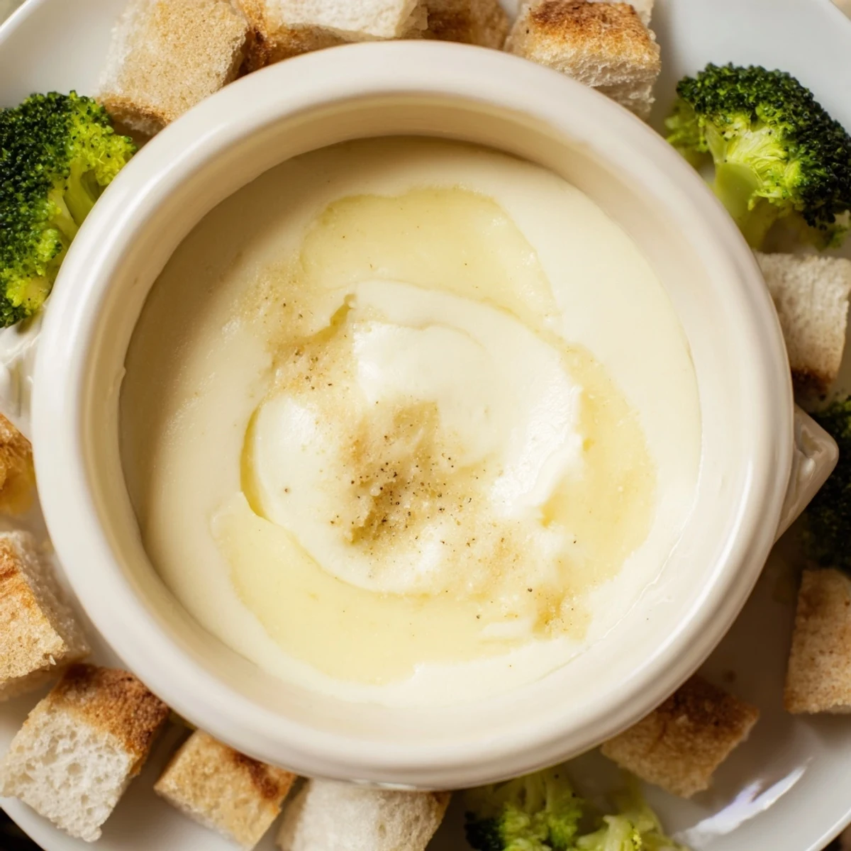 Warm, creamy Swiss cheese fondue, perfect for dipping crusty bread and crisp vegetables.