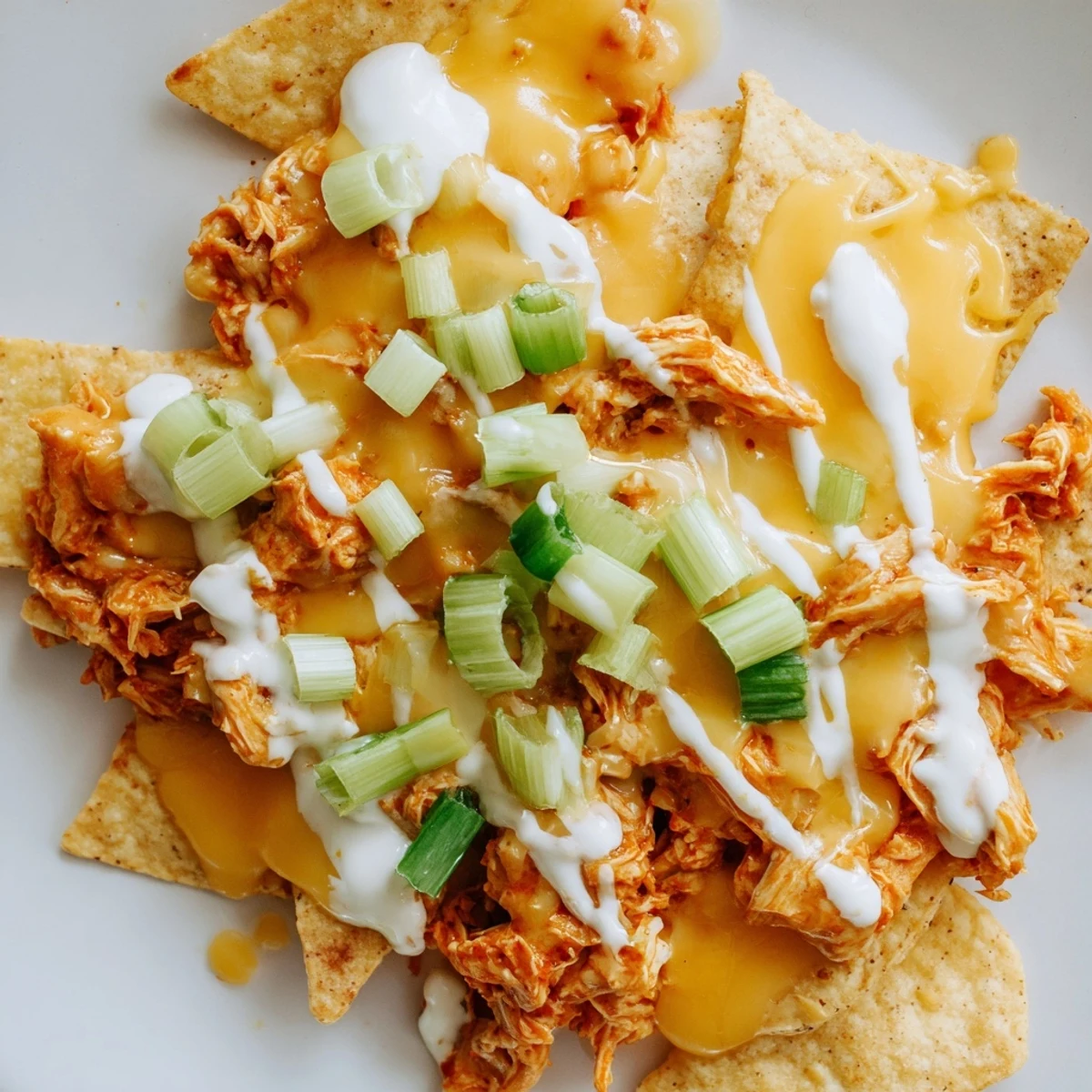 A close-up of Buffalo Chicken Nachos with golden melted cheddar and Monterey Jack cheese over spicy buffalo chicken and crisp tortilla chips, topped with green onions and a ranch drizzle.  