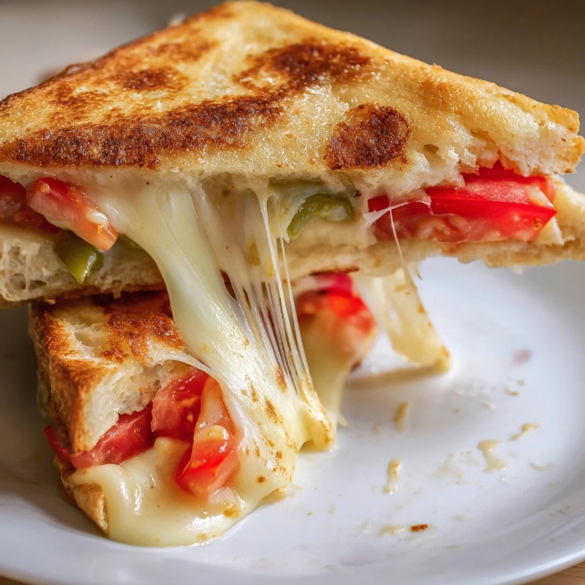 A freshly grilled Pepper Jack & Tomato Grilled Cheese sandwich reveals oozing cheese and juicy tomato slices on toasted bread.