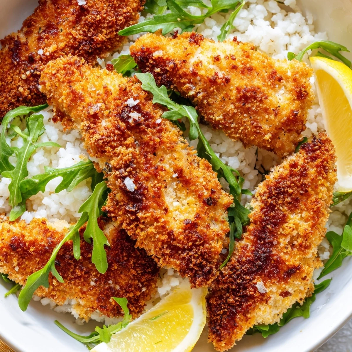 Golden, crispy Parmesan-breaded chicken cutlets rest on fluffy rice with fresh arugula and a lemon wedge in this Crispy Parmesan Chicken Cutlet Bowl.