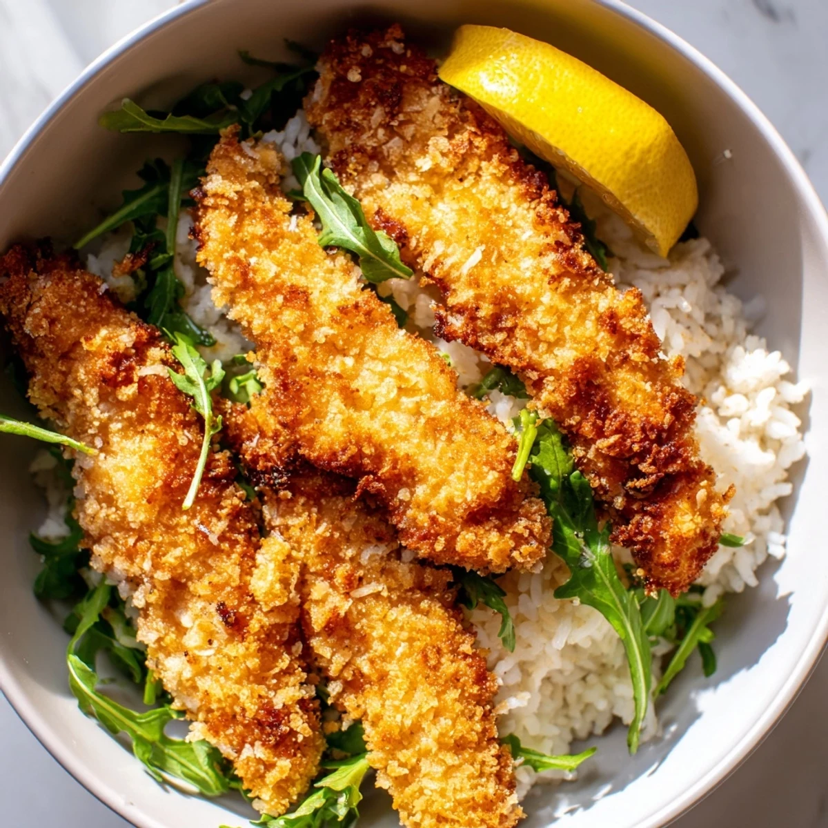 Sliced juicy chicken cutlets with a crunchy panko-Parmesan coating are arranged over warm rice, arugula, and a bright squeeze of lemon in a Crispy Parmesan Chicken Cutlet Bowl.