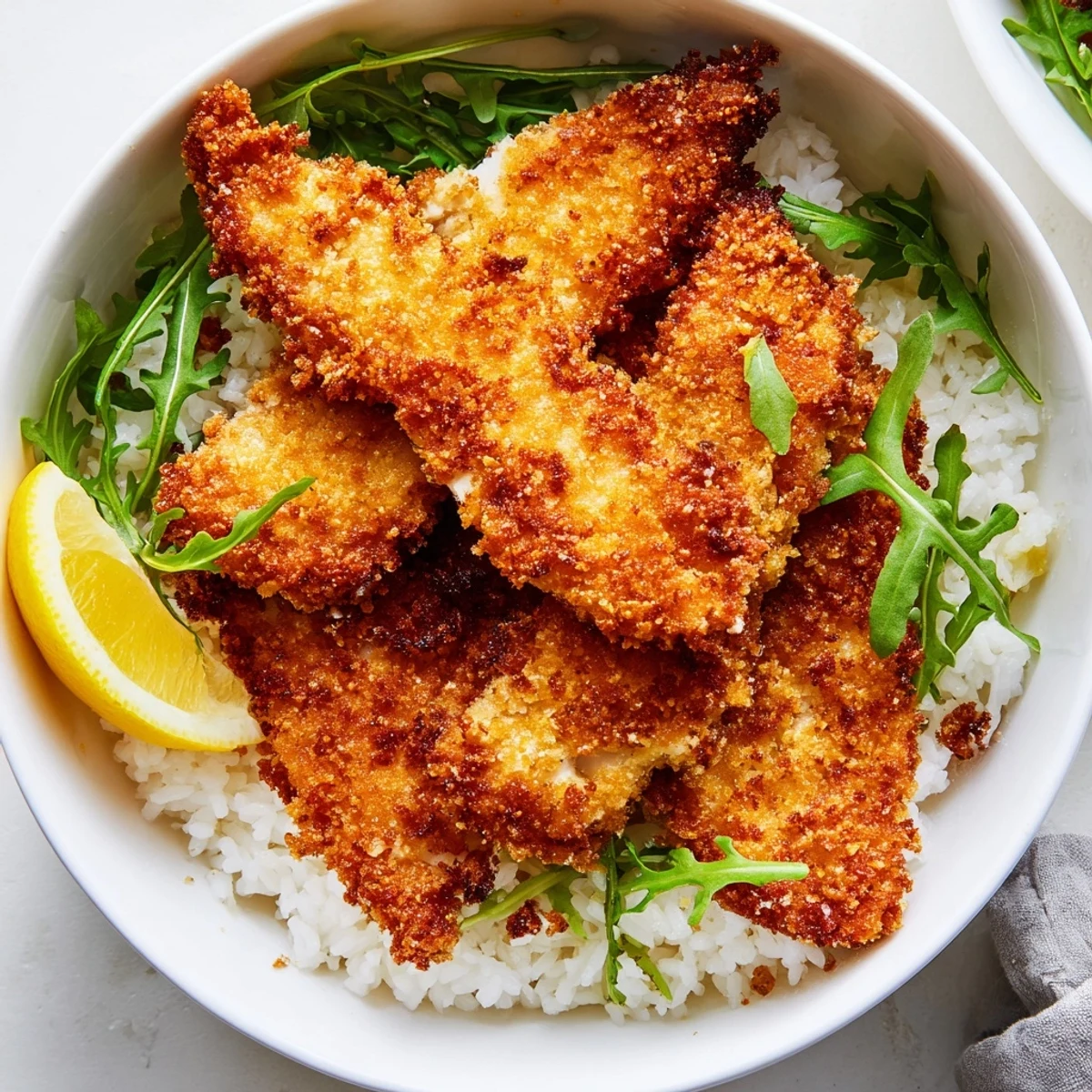 A vibrant Crispy Parmesan Chicken Cutlet Bowl features golden fried chicken over fluffy rice and peppery greens, garnished with grated Parmesan and a fresh lemon wedge.