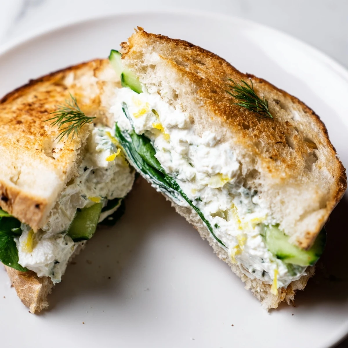 Golden-brown grilled cheese sandwich with a vibrant green whipped feta filling, studded with dill, served on a wooden board.