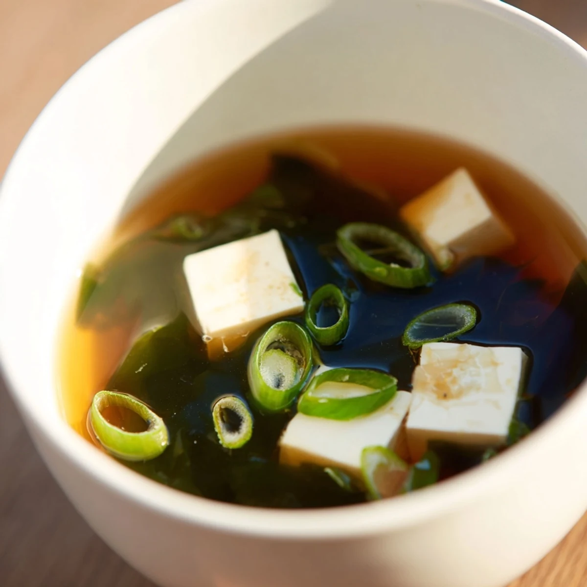 A close-up of vibrant Wakame Soup, highlighting seaweed and silken tofu in dashi broth.