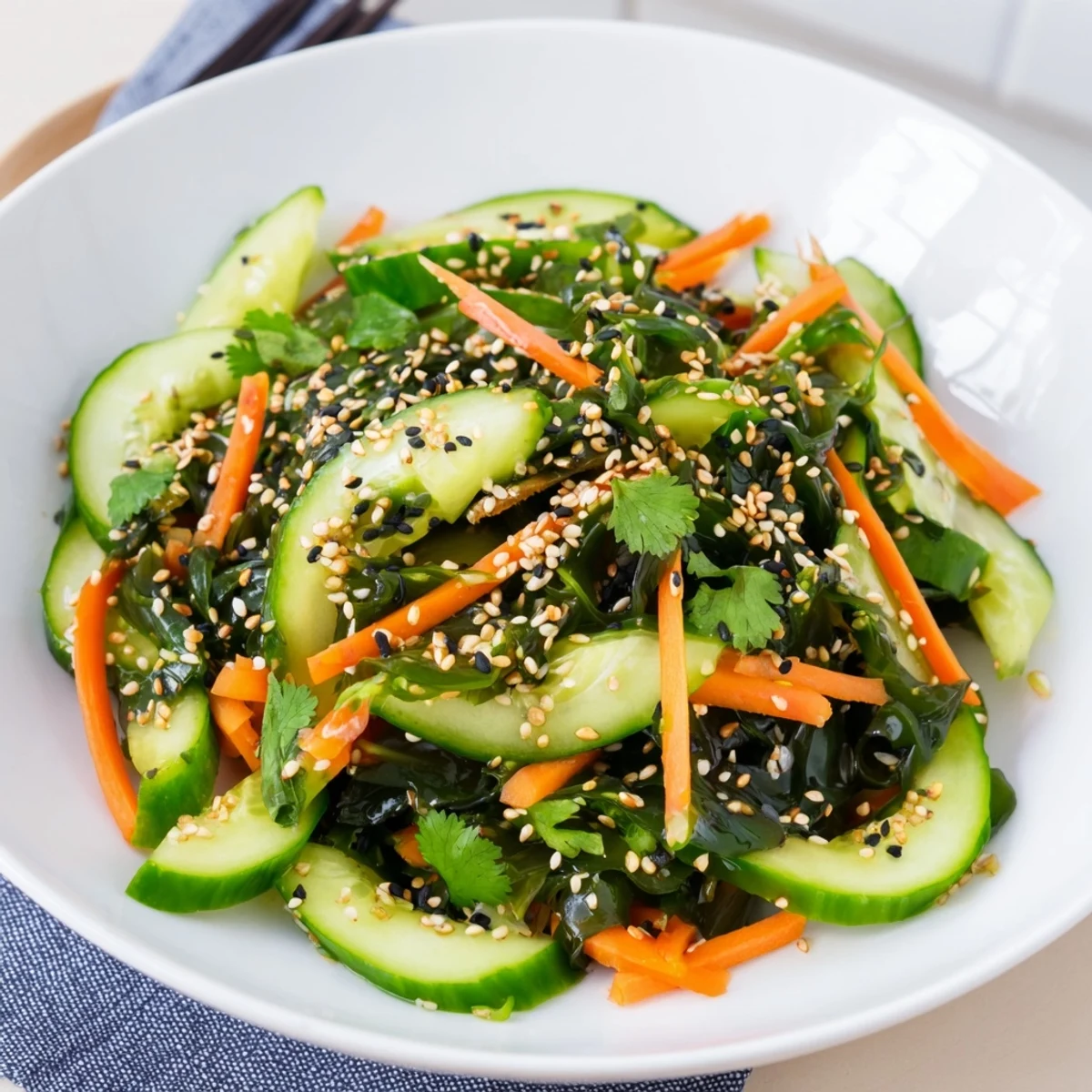 A vibrant bowl of Seaweed Salad with crisp cucumber, julienned carrot, and rehydrated wakame, dressed in a tangy sesame-ginger vinaigrette.