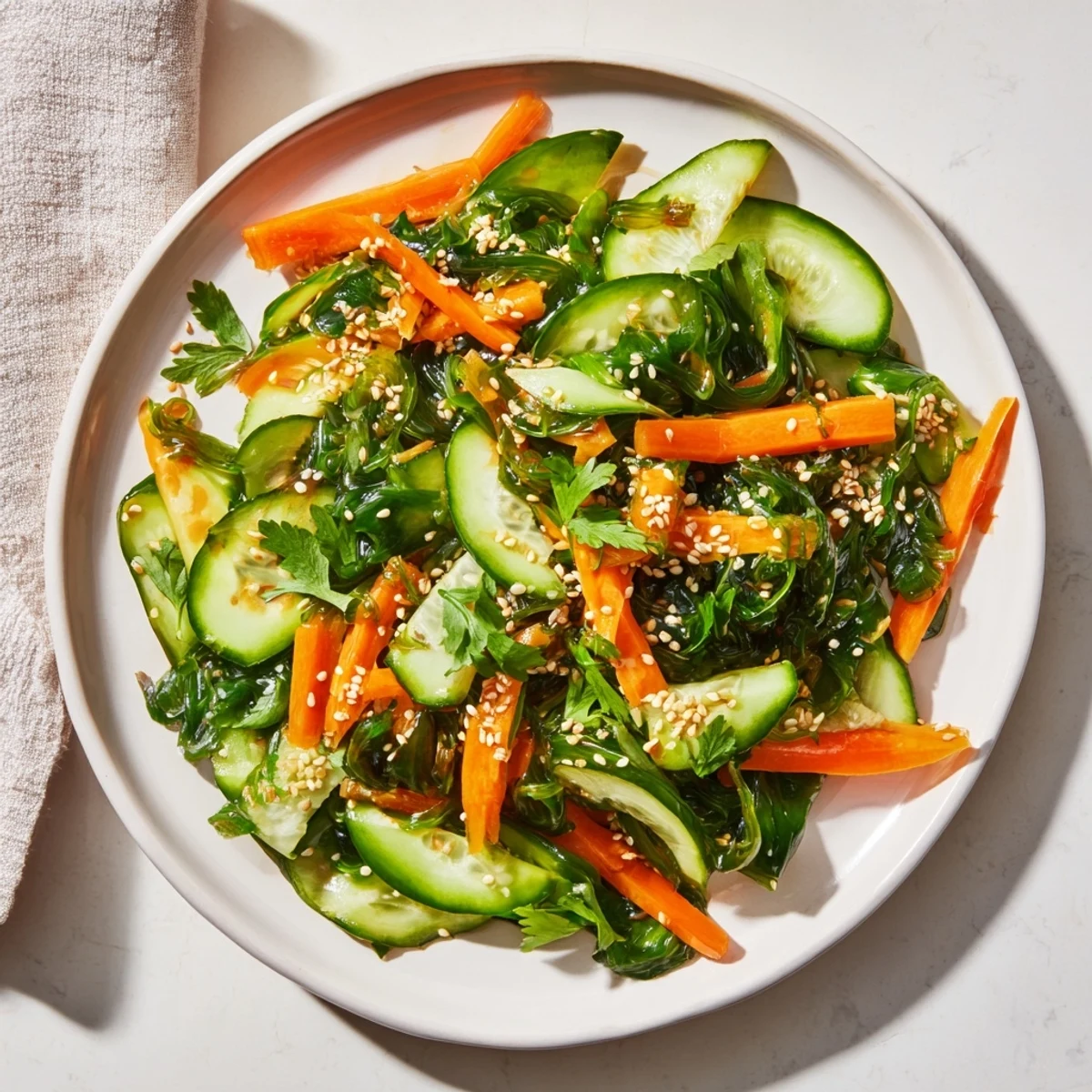 A light vegan Seaweed Salad garnished with toasted sesame seeds and fresh cilantro, served as a refreshing Japanese appetizer or side.