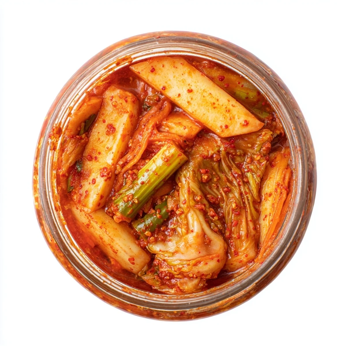 Vibrant homemade kimchi with bright red chili paste coating crunchy napa cabbage and julienned daikon in a glass jar, ready for fermentation.  