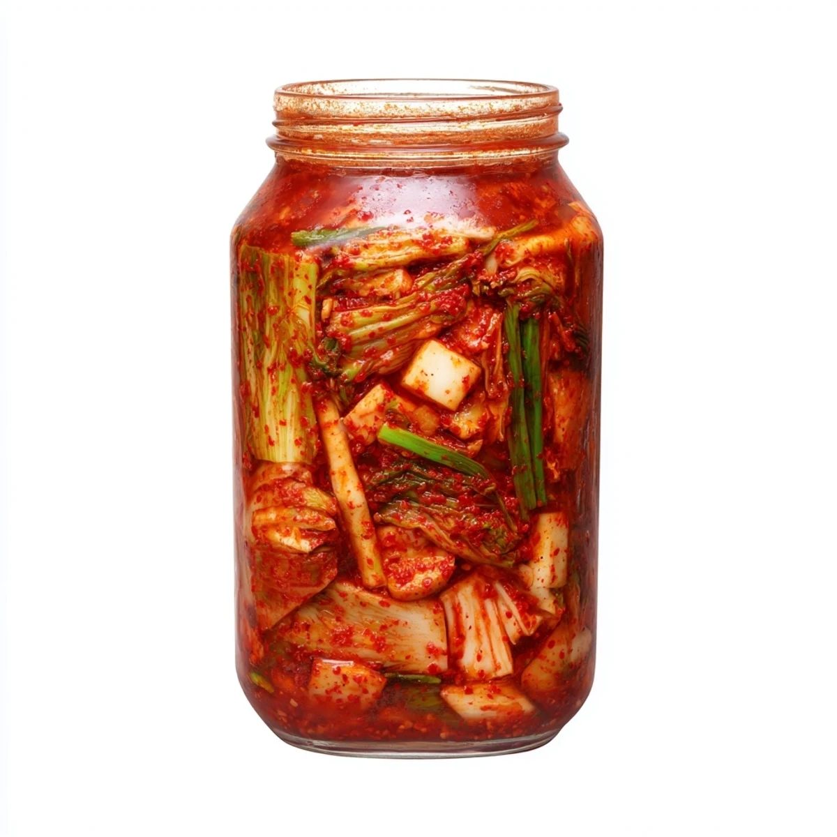Freshly made kimchi in a bowl, featuring red gochugaru-spiced vegetables and scallions, served as a tangy Korean side dish with rice.  