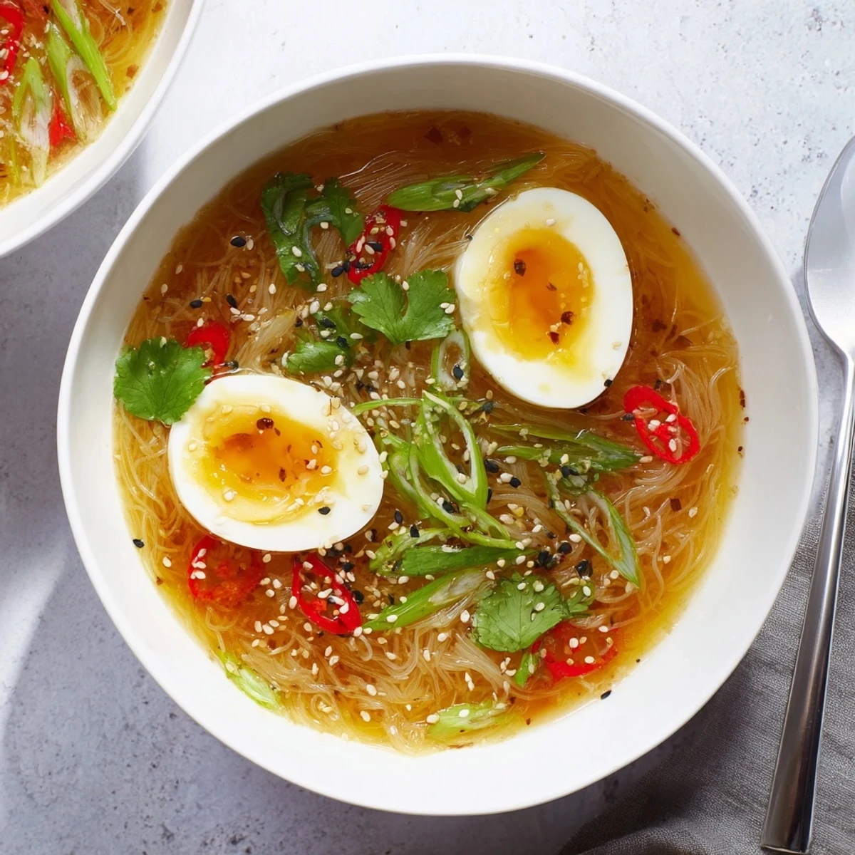 Close-up of Shirataki Noodles With Broth featuring chili slices and toasted sesame seeds on top.