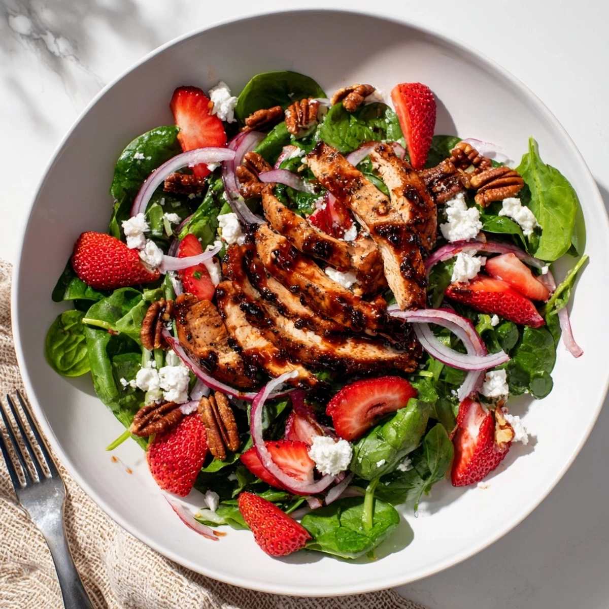 Grilled chicken slices and sliced strawberries rest on mixed greens with feta and a balsamic drizzle.  