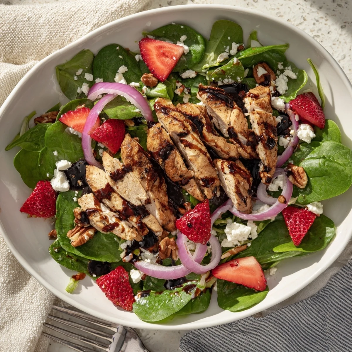 Fresh strawberries, creamy feta, and toasted pecans top crisp greens beside juicy grilled chicken.  