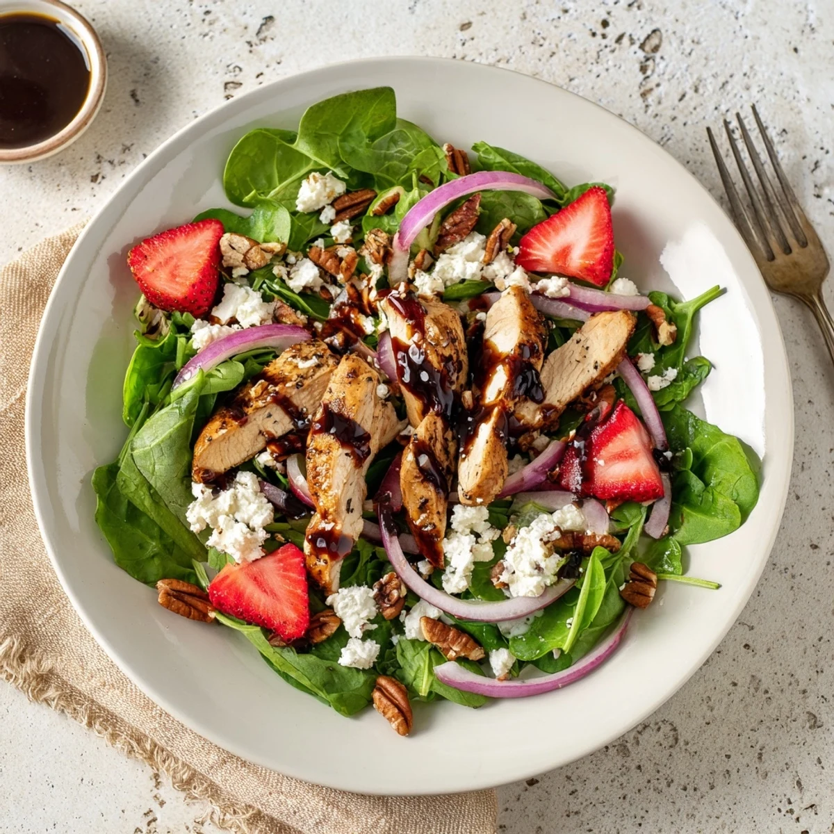 Juicy grilled chicken with strawberries, red onion, and feta on greens, drizzled with balsamic glaze.