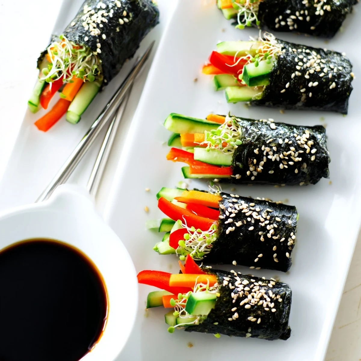 Freshly rolled Nori Rolls with Vegetables featuring crisp cucumber, creamy avocado, and crunchy sprouts on a wooden board.  