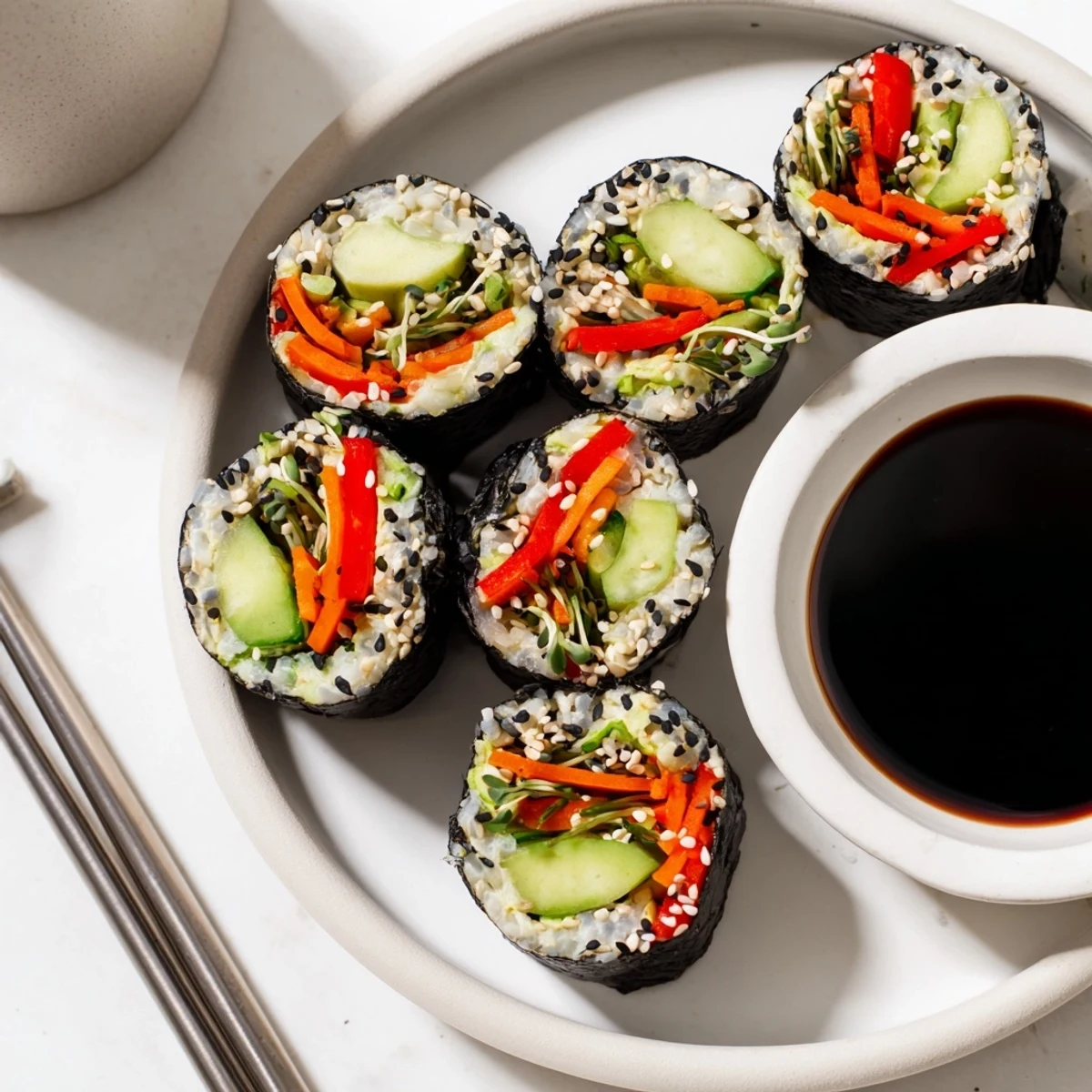 These vibrant Nori Rolls with Vegetables are served with soy sauce and wasabi for dipping.  