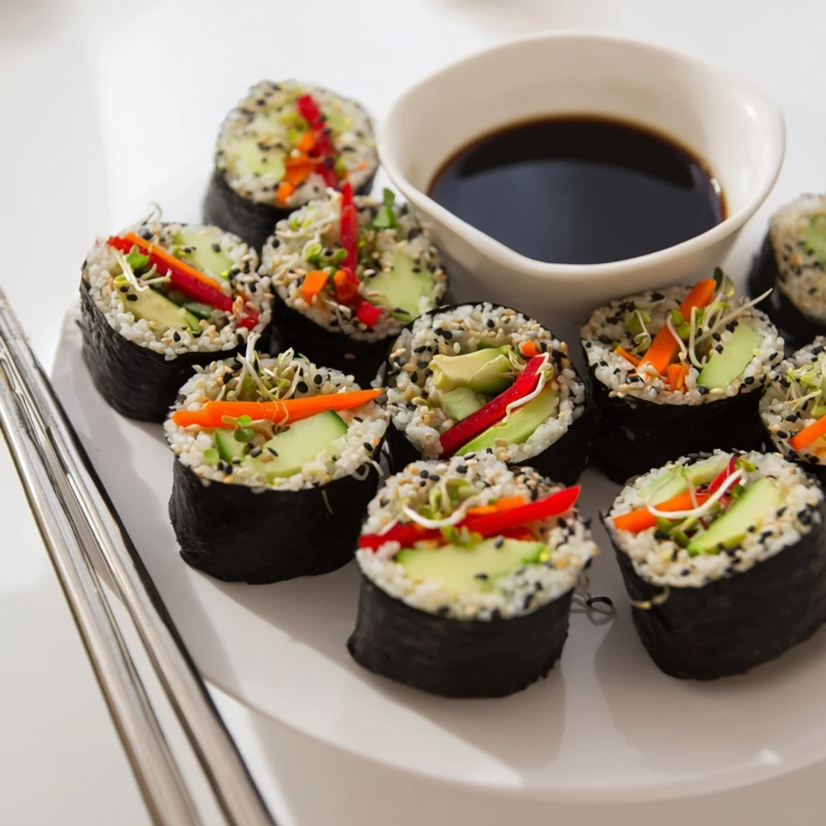 Enjoy a close-up of Nori Rolls with Vegetables, garnished with sesame seeds and perfect for a healthy snack.