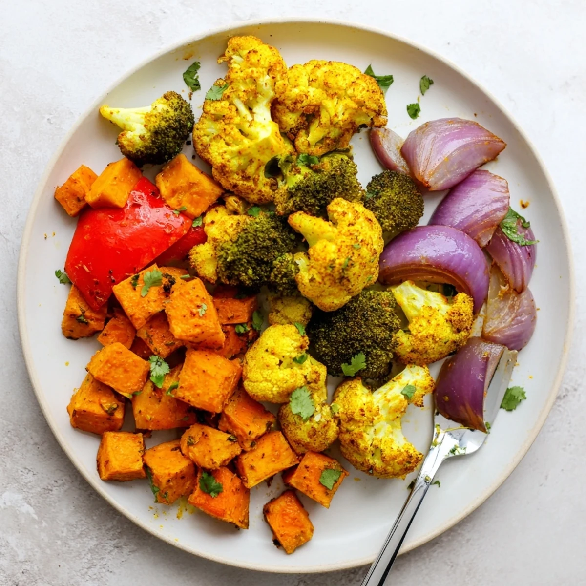 Golden Anti-Inflammatory Turmeric Roasted Vegetables piled high on a serving platter, showcasing tender cauliflower and broccoli with a vibrant, aromatic spice coating.  