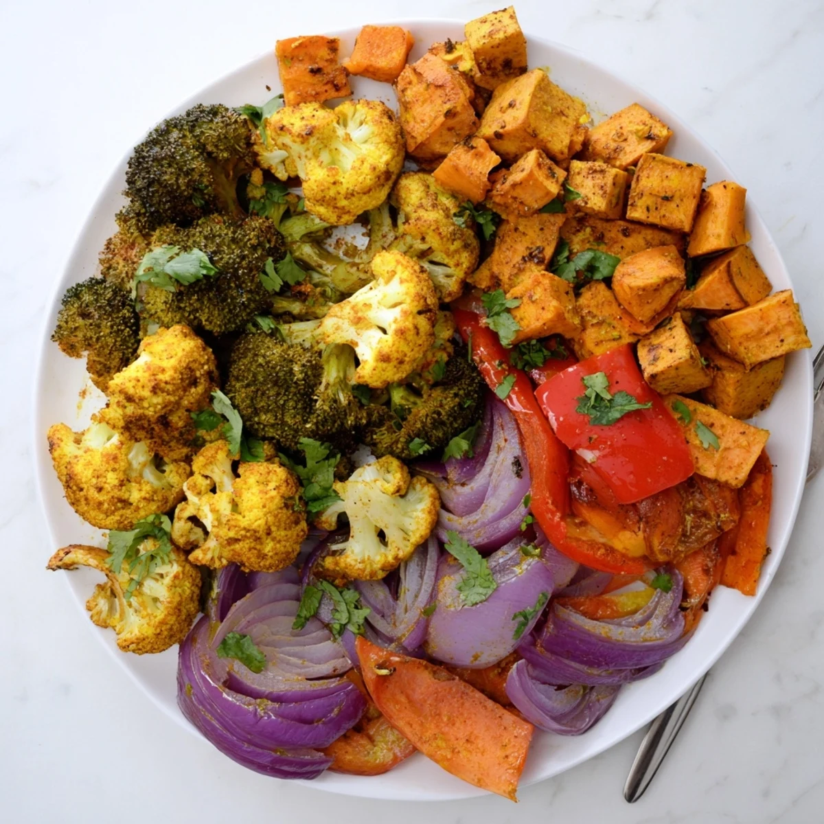 A close-up view of Anti-Inflammatory Turmeric Roasted Vegetables reveals caramelized sweet potato chunks and red bell pepper glistening with olive oil.  