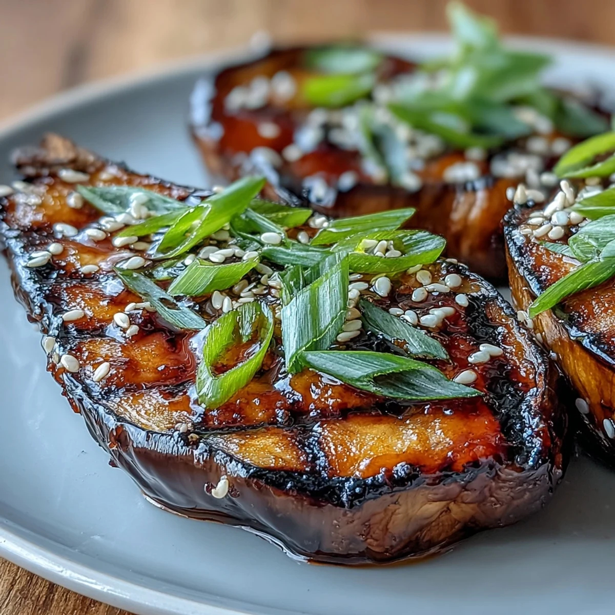 Roasted Miso Glazed Eggplant, glistening and topped with sesame seeds.