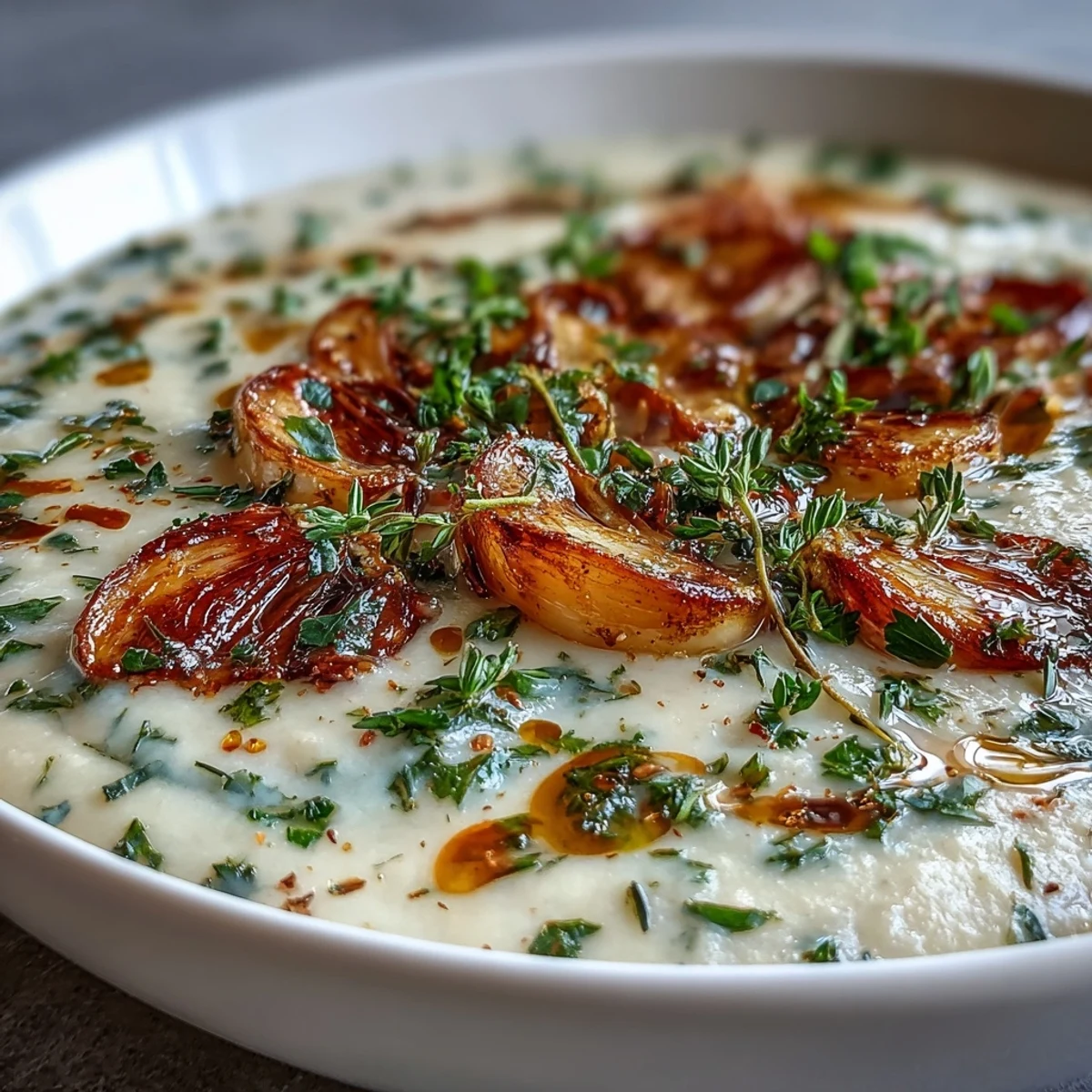 A warm bowl of Roasted Garlic and Herb Soup garnished with fresh chives, paired with crusty bread for dipping.