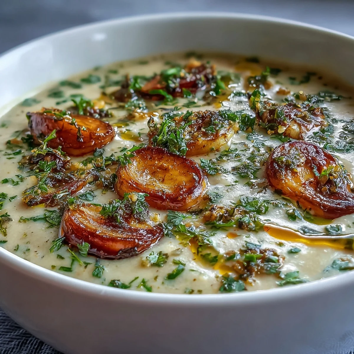 Roasted Garlic and Herb Soup topped with vibrant green herbs, showcasing its velvety texture in a cozy, inviting setting.