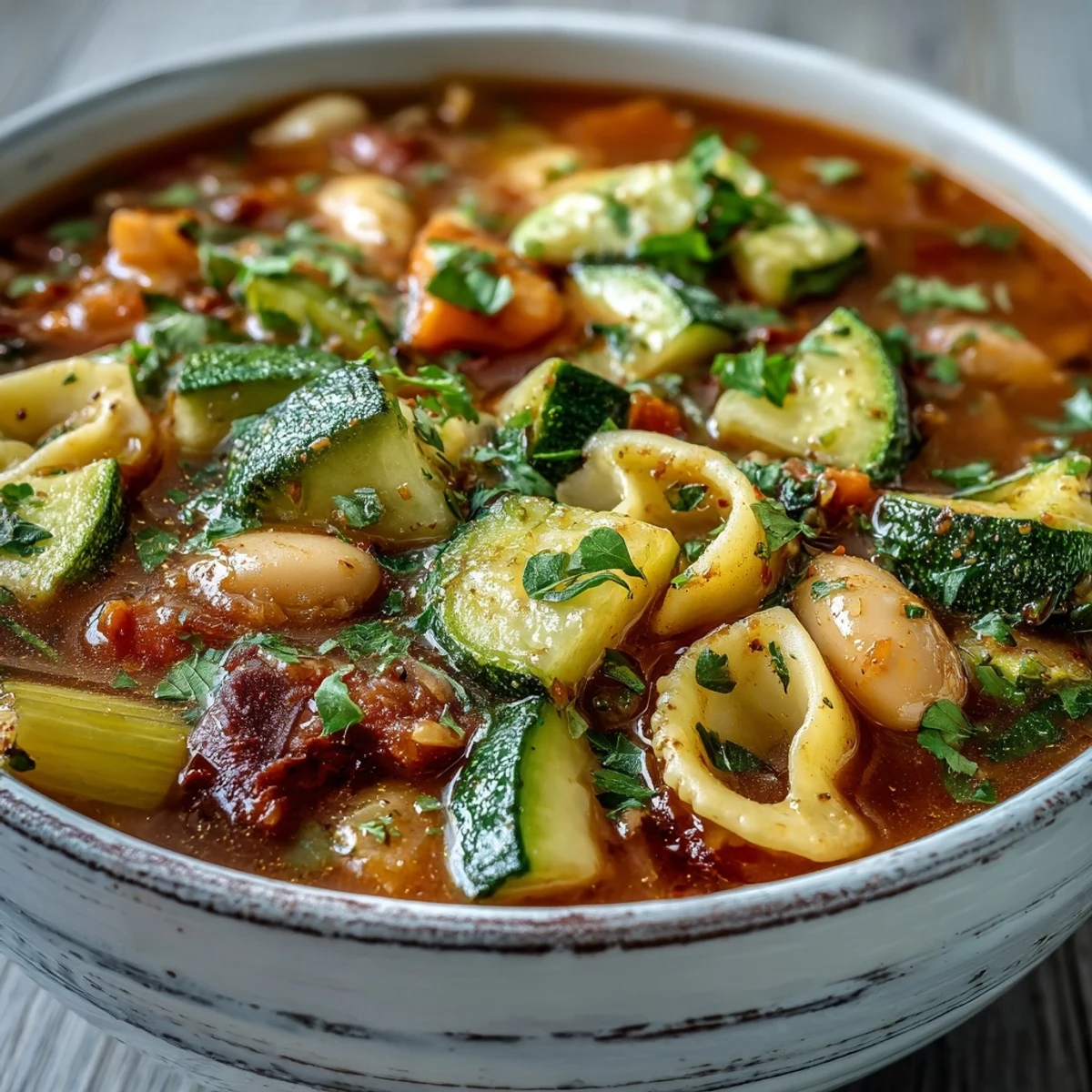 Bubbling pot of homemade Vegetable Minestrone with tender pasta and creamy white beans, ready to ladle into rustic bowls.