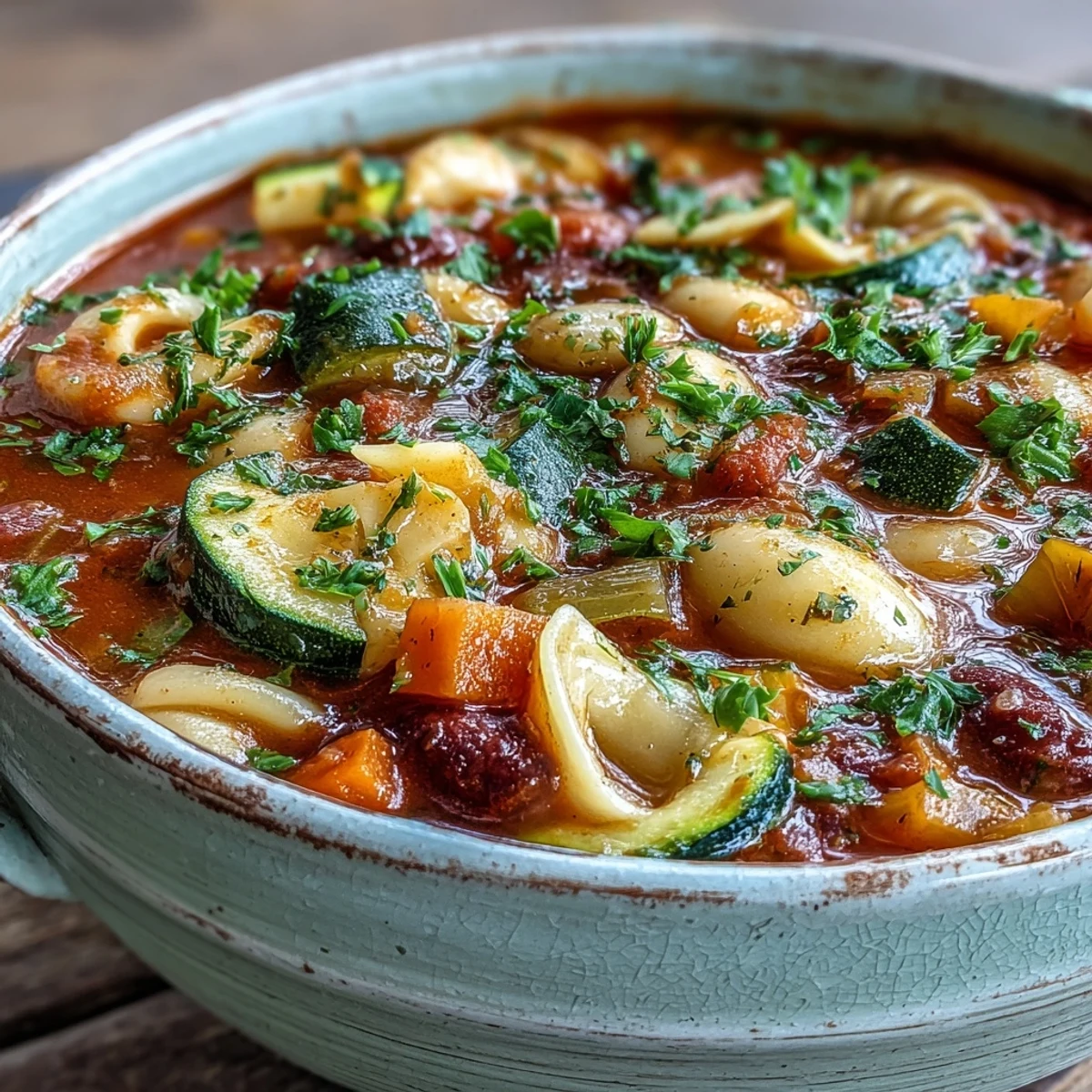 Comforting Italian Vegetable Minestrone served with a slice of crusty bread and a drizzle of olive oil, perfect for dinner.