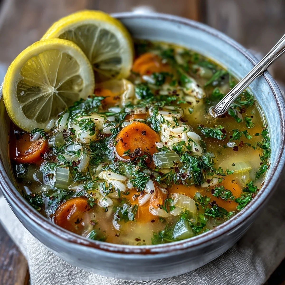 Close-up of a bowl of Lemon Herb Soup garnished with lemon slices and fresh herbs.