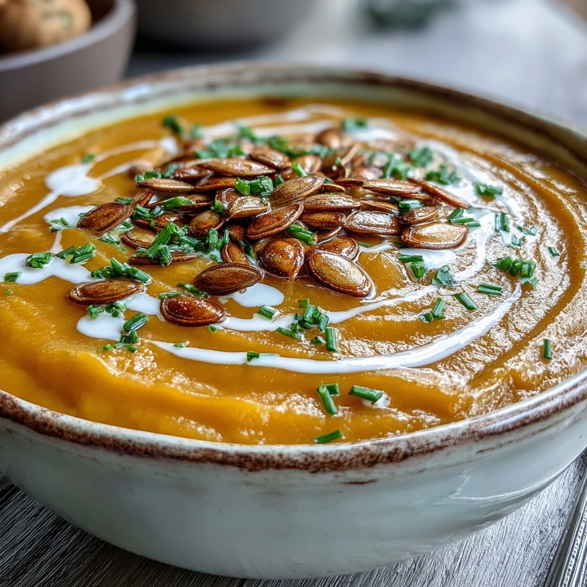 A rustic pot of homemade Acorn Squash Soup simmering on the stove for a cozy fall meal.