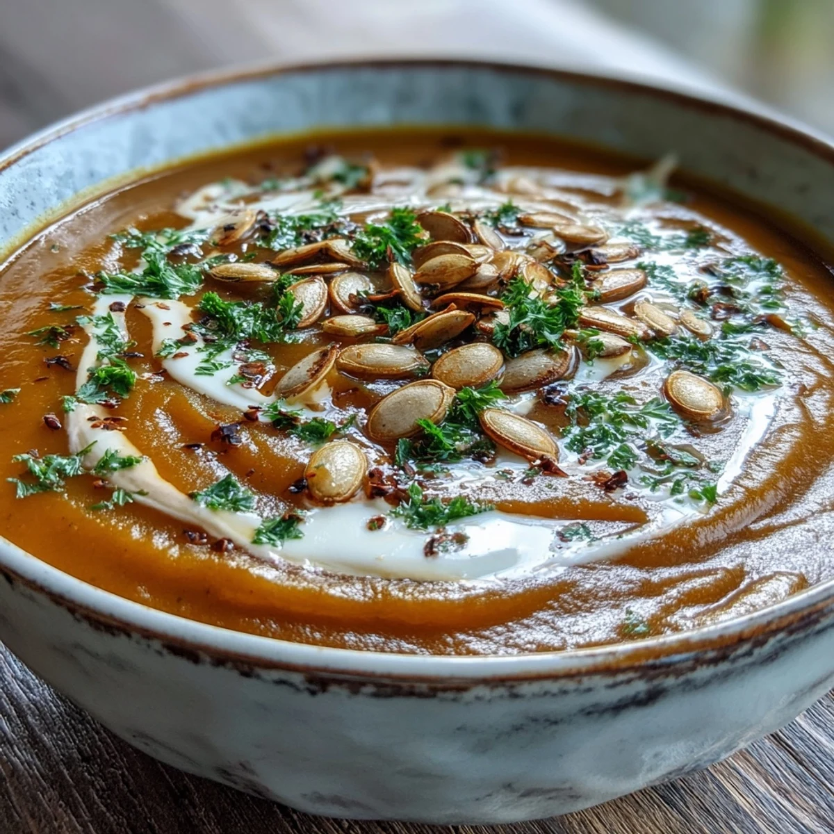 Creamy, spiced Pumpkin Soup garnished with toasted pumpkin seeds and fresh herbs in a rustic bowl.