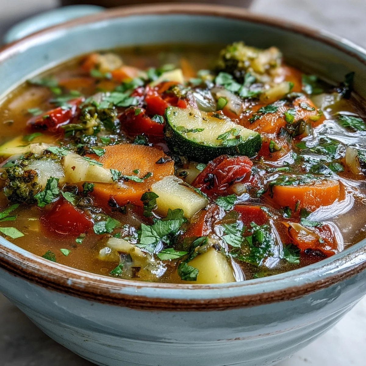 Steaming bowl of Ginger Vegetable Soup with colorful carrots, celery, and broccoli florets in a savory broth.