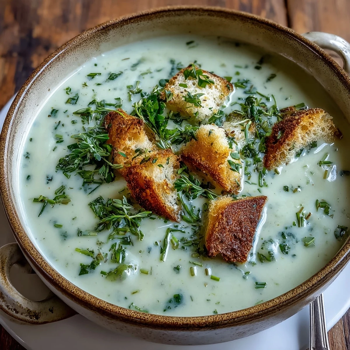 Steaming Garlic and Herb Soup blended smooth, showcasing mellow garlic and fresh thyme flavors in a rustic white bowl.
