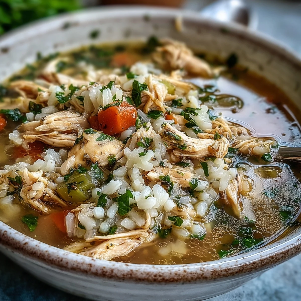A hearty bowl of Cozy Winter Chicken and Rice Soup garnished with fresh parsley, ready to warm you up.