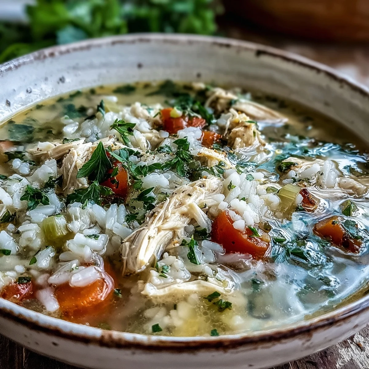 Cozy Winter Chicken and Rice Soup served hot, with fluffy rice and vegetables in a savory broth, perfect for dinner.