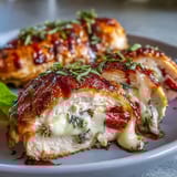 Caprese stuffed chicken breast with fresh mozzarella, tomato, and basil baked to golden perfection for a healthy dinner.