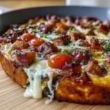 Freshly baked ham and Swiss frittata with golden cheese in a skillet on a wooden table.