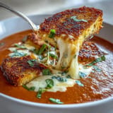 Velvety tomato soup infused with fresh basil, served with crispy grilled cheese croutons on top for a comforting meal.  