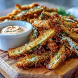 Golden brown dill pickle fries, hot from the air fryer, ready for dipping.