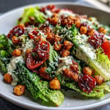 Fluffy vegan Caesar salad piled high, topped with golden roasted chickpea croutons.