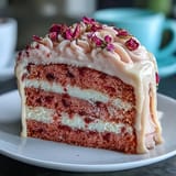 Delicate rosé wine cake, beautifully adorned with a cascade of liquid gold.