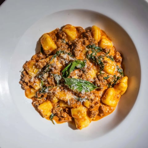 Creamy Tomato and Sausage Gnocchi: a bowl of rich, velvety pasta with visible Italian sausage and spinach.