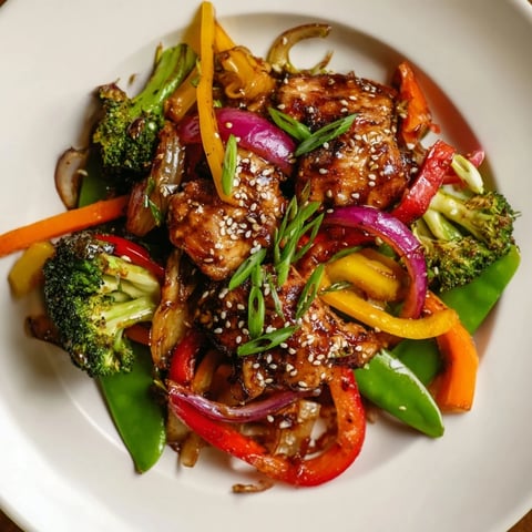 Sheet pan chicken stir-fry with glistening vegetables and perfectly cooked chicken pieces.