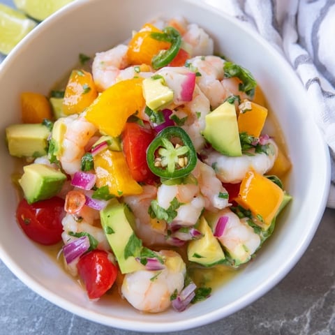 Fresh Light & Fresh Shrimp Ceviche with bright citrus colors, diced vegetables, and cool, tender shrimp.