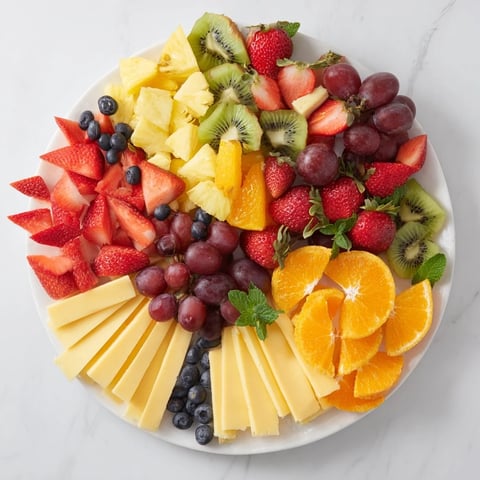 Vibrant kaleidoscope circle platter of fresh fruit and cheese, perfect for a gathering.