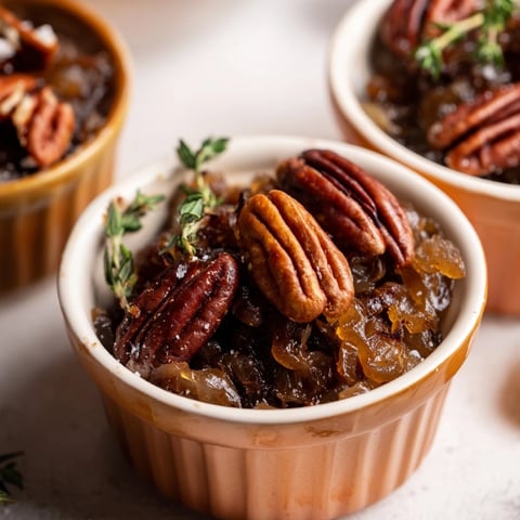 Golden brown Copper Kettle appetizer in copper ramekins, with caramelized onions and pecans.